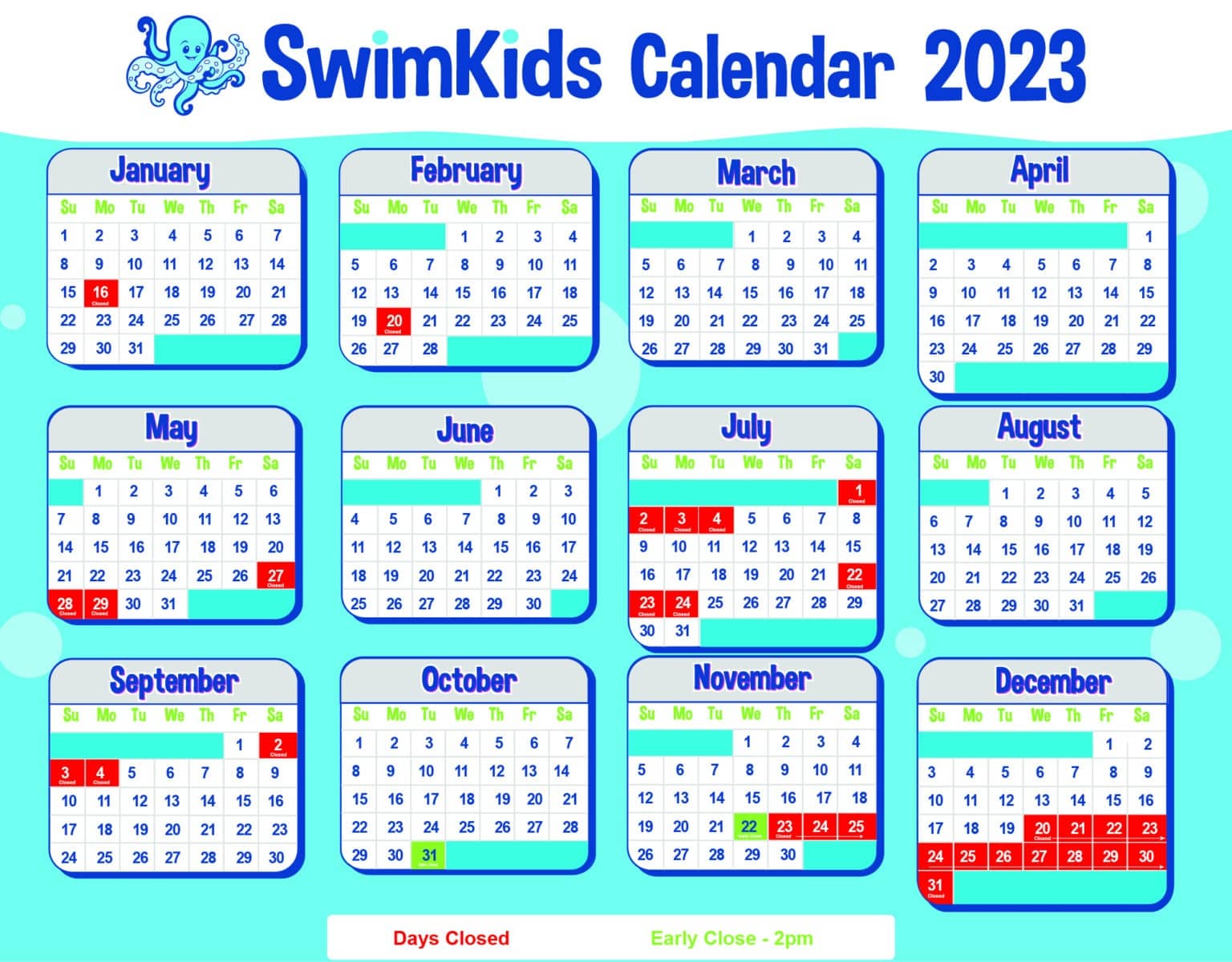 SwimKids Utah Holiday Calendar