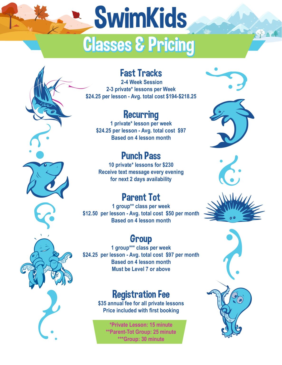 Fall and Winter Swim Lesson Pricing Flyer